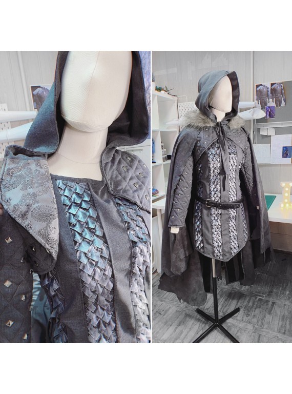 Grey Warden Mage cosplay costume from Dragon Age game in Grey..